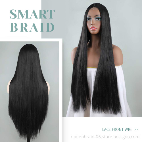 30 Inches Middle Part Long Straight Black Hair Synthetic Hair Wigs For Black Women Heat Resistant Fiber Lace Wigs